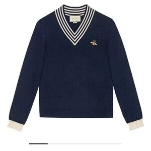 Gucci Men’s Bee Pattern V-Neck Wool Sweater Blue, Size L